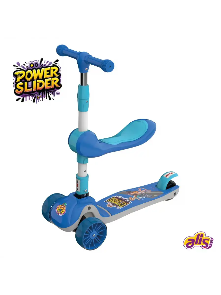 Power Slider Mavi Katlanabilir 3 Tekerlekli Oturaklı Scooter - Işıklı Scooter - Çocuk Scooter