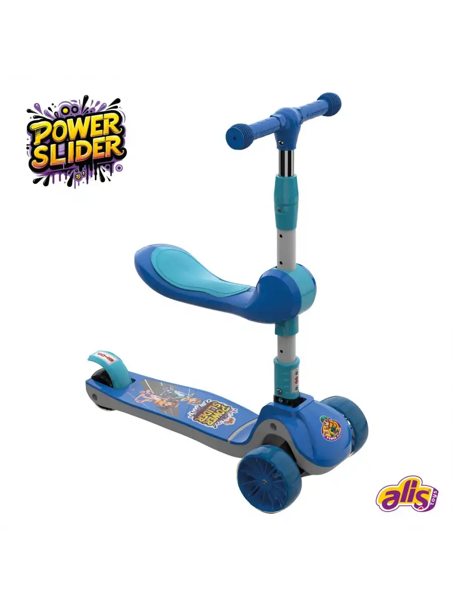 Power Slider Mavi Katlanabilir 3 Tekerlekli Oturaklı Scooter - Işıklı Scooter - Çocuk Scooter
