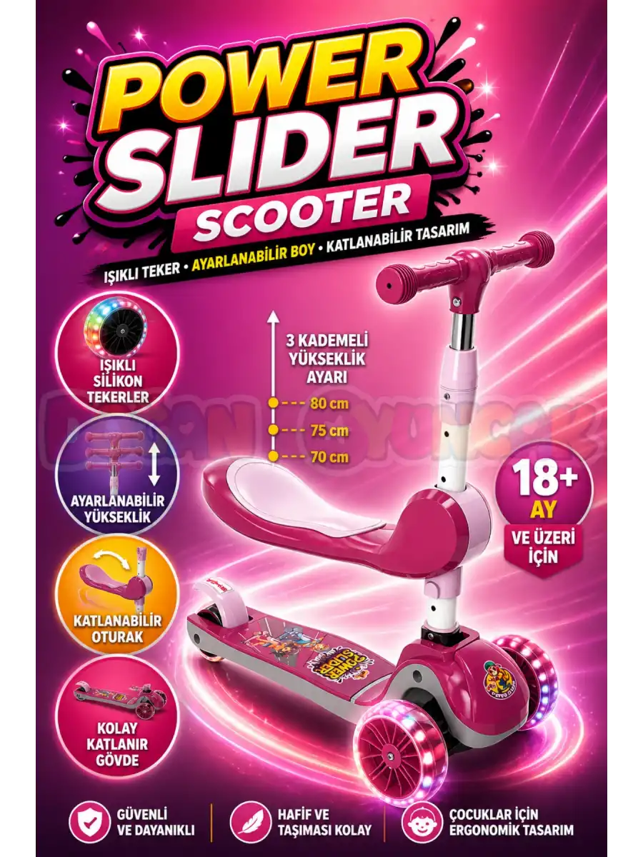 Power Slider Pembe Katlanabilir 3 Tekerlekli Oturaklı Scooter - Işıklı Scooter - Çocuk Scooter
