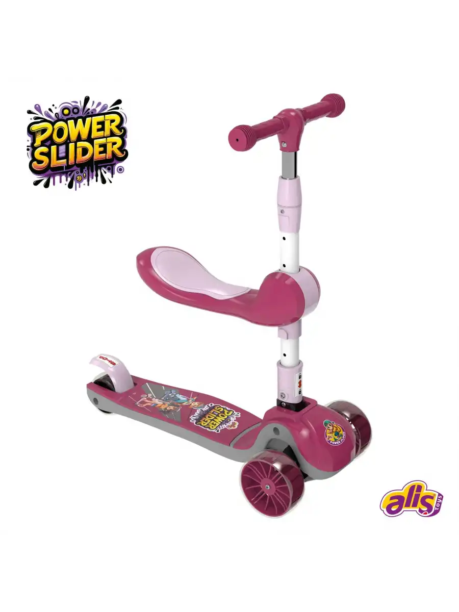 Power Slider Pembe Katlanabilir 3 Tekerlekli Oturaklı Scooter - Işıklı Scooter - Çocuk Scooter