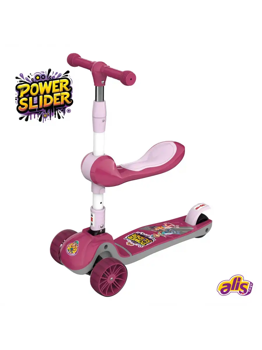 Power Slider Pembe Katlanabilir 3 Tekerlekli Oturaklı Scooter - Işıklı Scooter - Çocuk Scooter