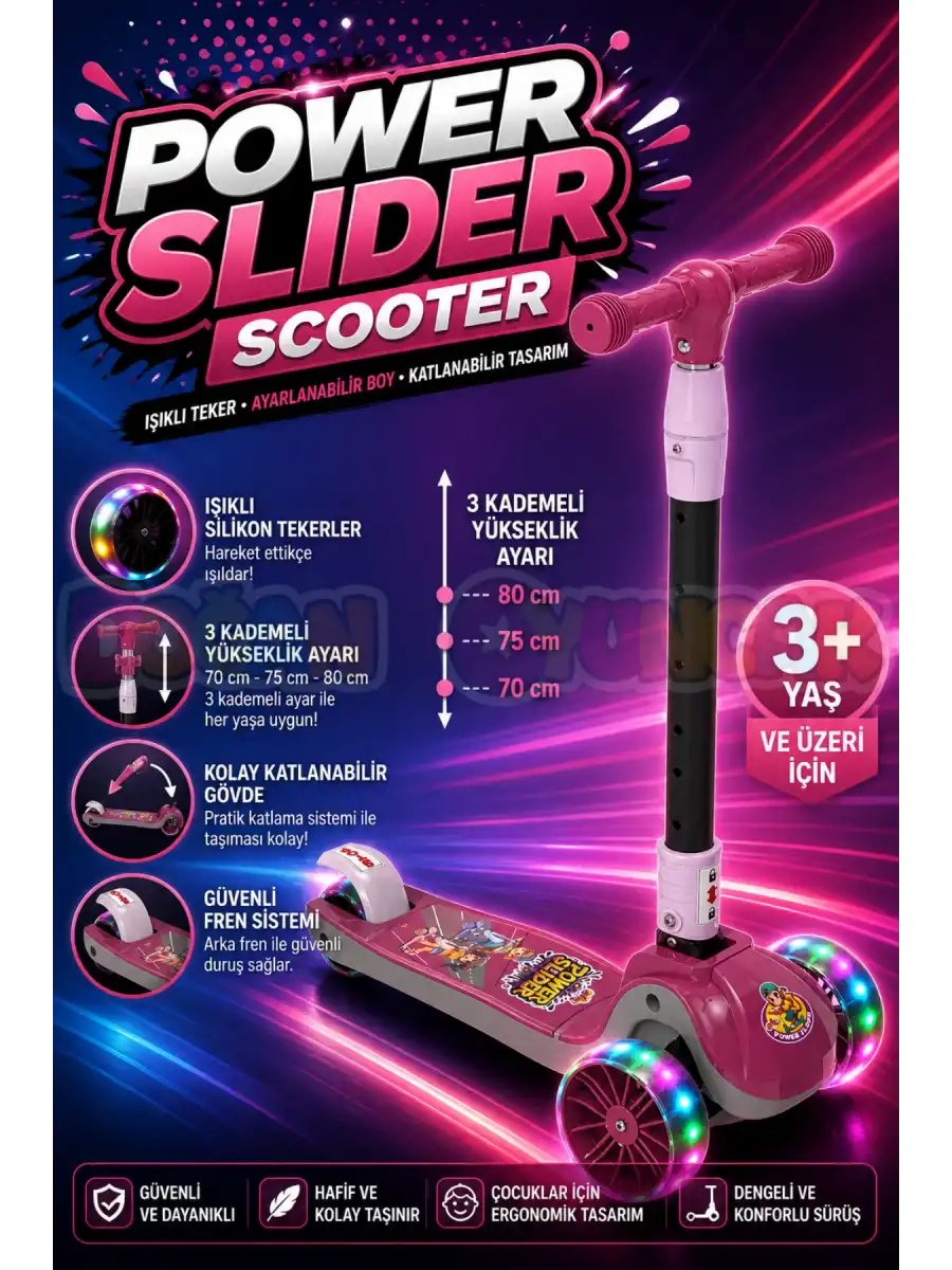 Power Slider Pembe Katlanabilir 3 Tekerlekli Scooter - Işıklı Scooter - Çocuk Scooter - Slikon Teker