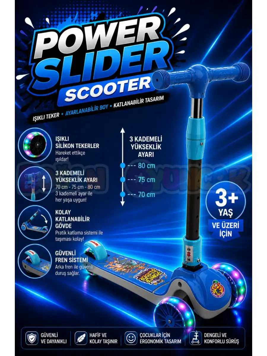 Power Slider Mavi Katlanabilir 3 Tekerlekli Scooter - Işıklı Scooter - Çocuk Scooter - Slikon Teker