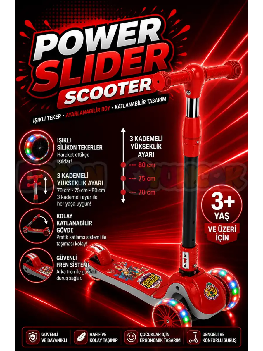 Power Slider Kırmızı Katlanabilir 3 Tekerlekli Scooter - Işıklı Scooter - Çocuk Scooter - Slikon Teker