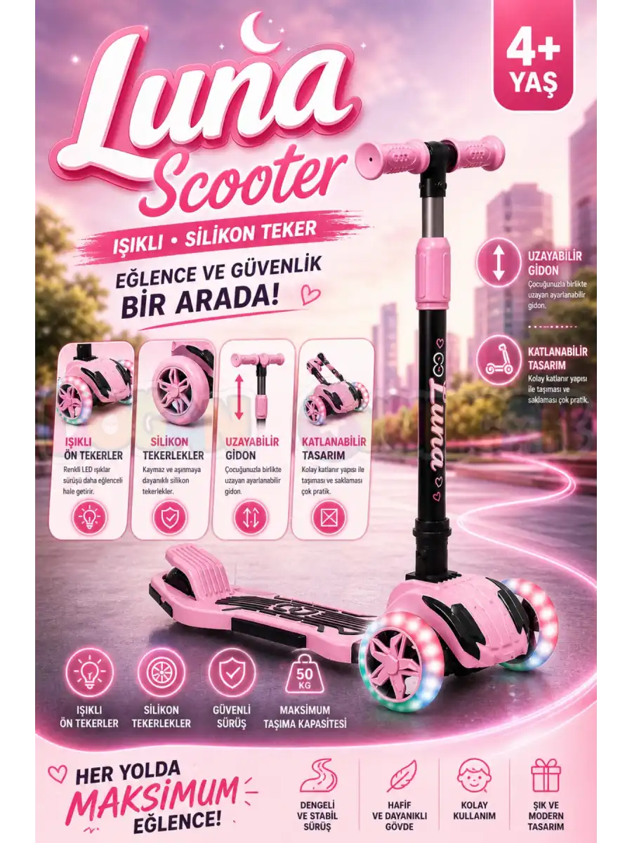 Cool Wheels Pembe Luna Işıklı 3 Tekerlekli Katlanabilir Scooter - CoolWheels Scooter - Çocuk Scooter