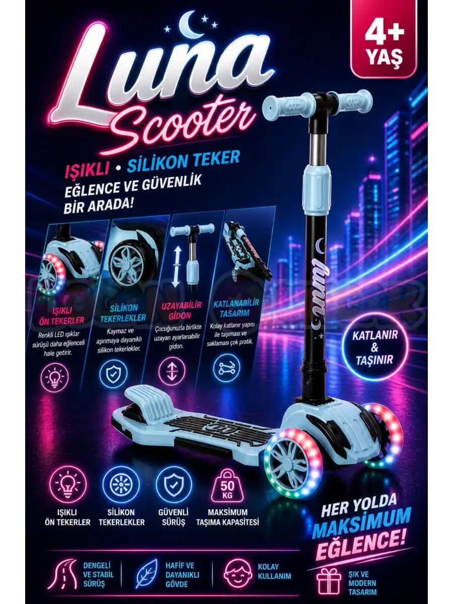Cool Wheels Mavi Luna Işıklı 3 Tekerlekli Katlanabilir Scooter - CoolWheels Scooter - Çocuk Scooter