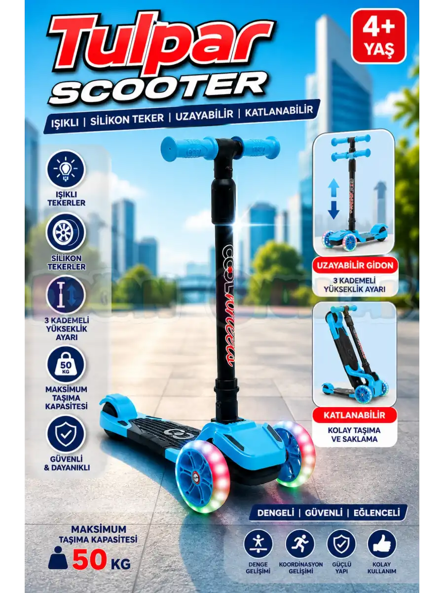 Cool Wheels Mavi Tulpar Işıklı 3 Tekerlekli Katlanabilir Scooter - CoolWheels Scooter - Çocuk Scooter