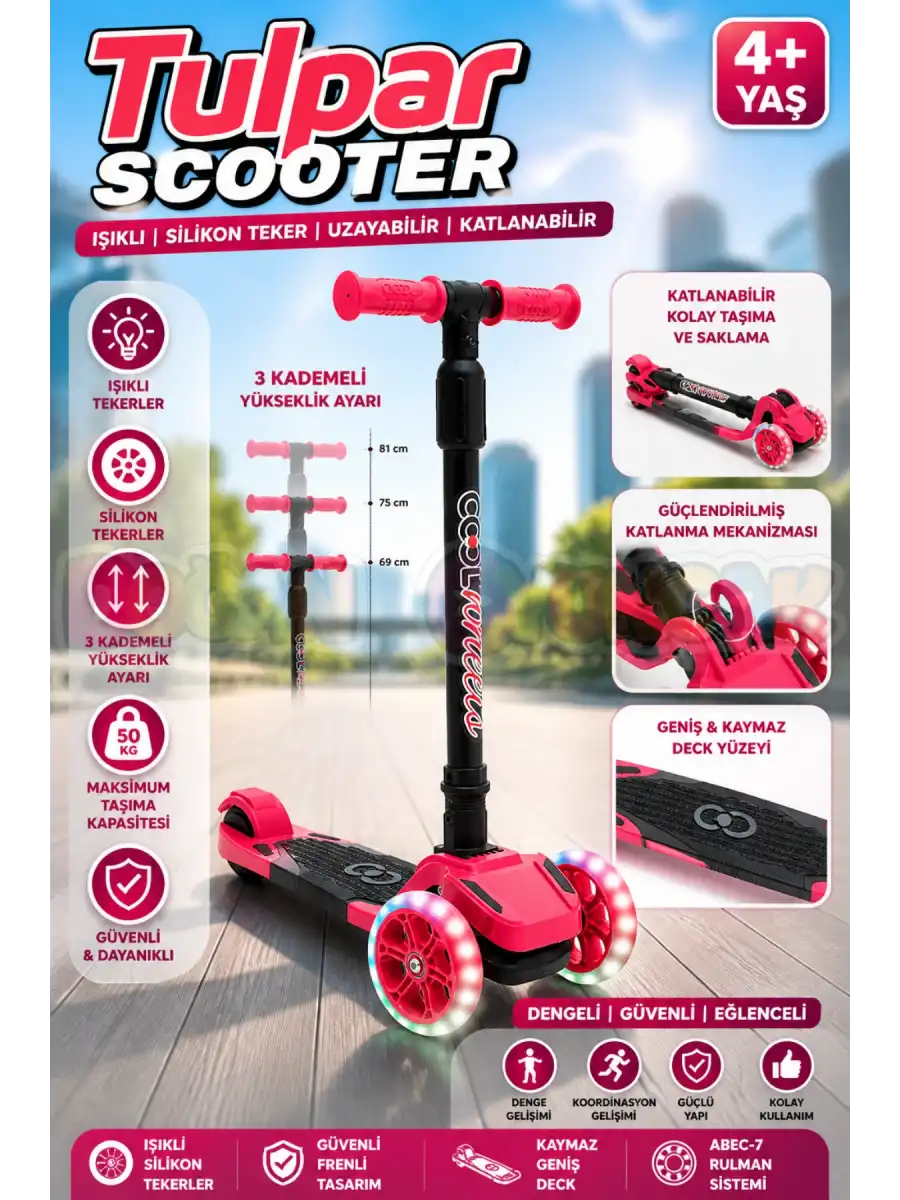Cool Wheels Pembe Tulpar Işıklı 3 Tekerlekli Katlanabilir Scooter - CoolWheels Scooter - Çocuk Scooter