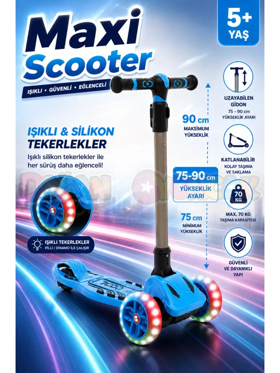 Cool Wheels Mavi Maxi Işıklı 3 Tekerlekli Katlanabilir Scooter - CoolWheels Scooter - Çocuk Scooter