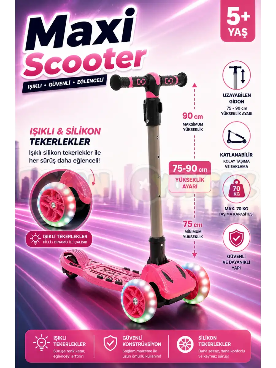 Cool Wheels Pembe Maxi Işıklı 3 Tekerlekli Katlanabilir Scooter - CoolWheels Scooter - Çocuk Scooter