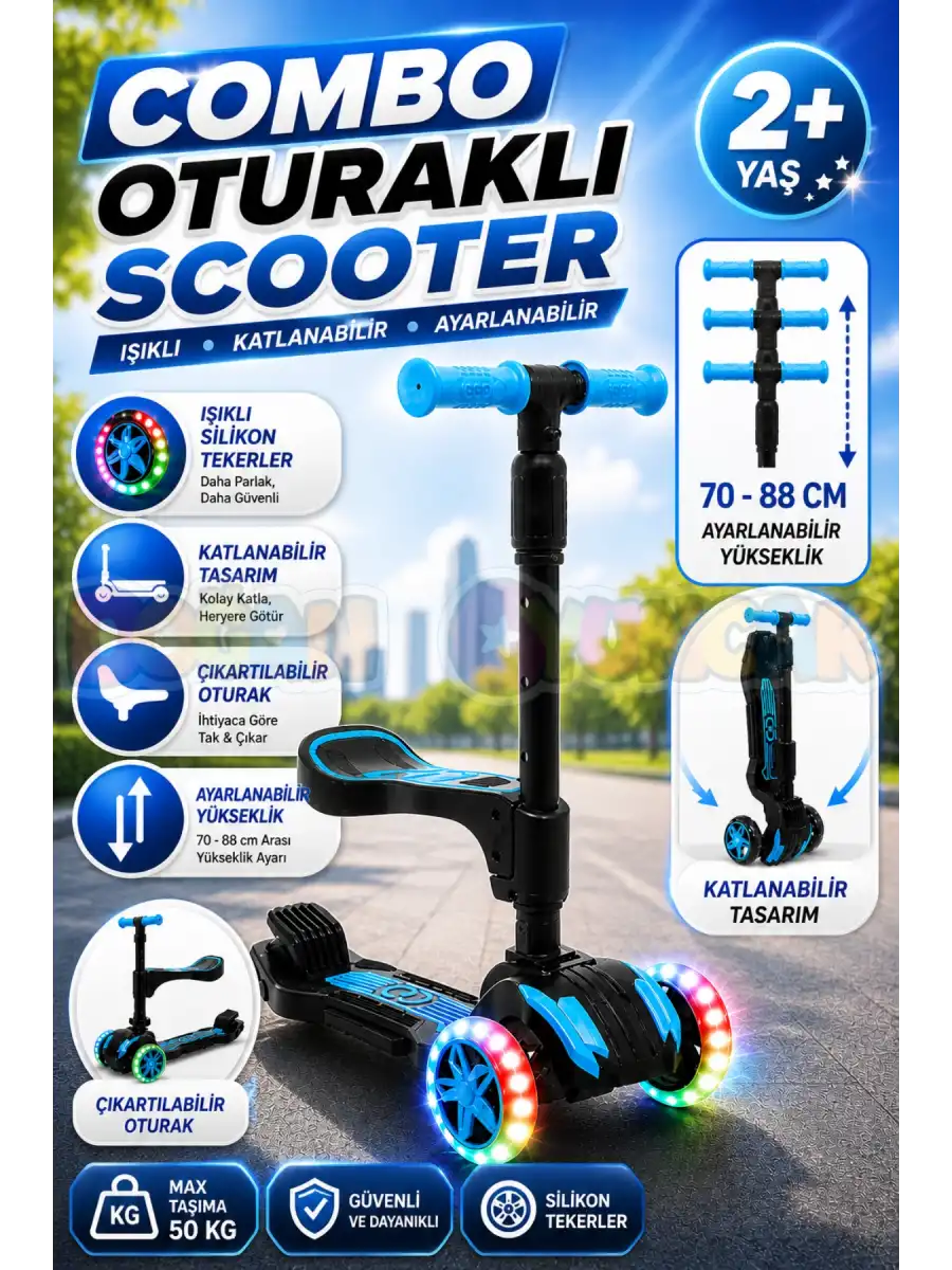 Cool Wheels Oturaklı Mavi Combo Işıklı 3 Tekerlekli Katlanabilir Scooter - CoolWheels Scooter - Çocuk Scooter