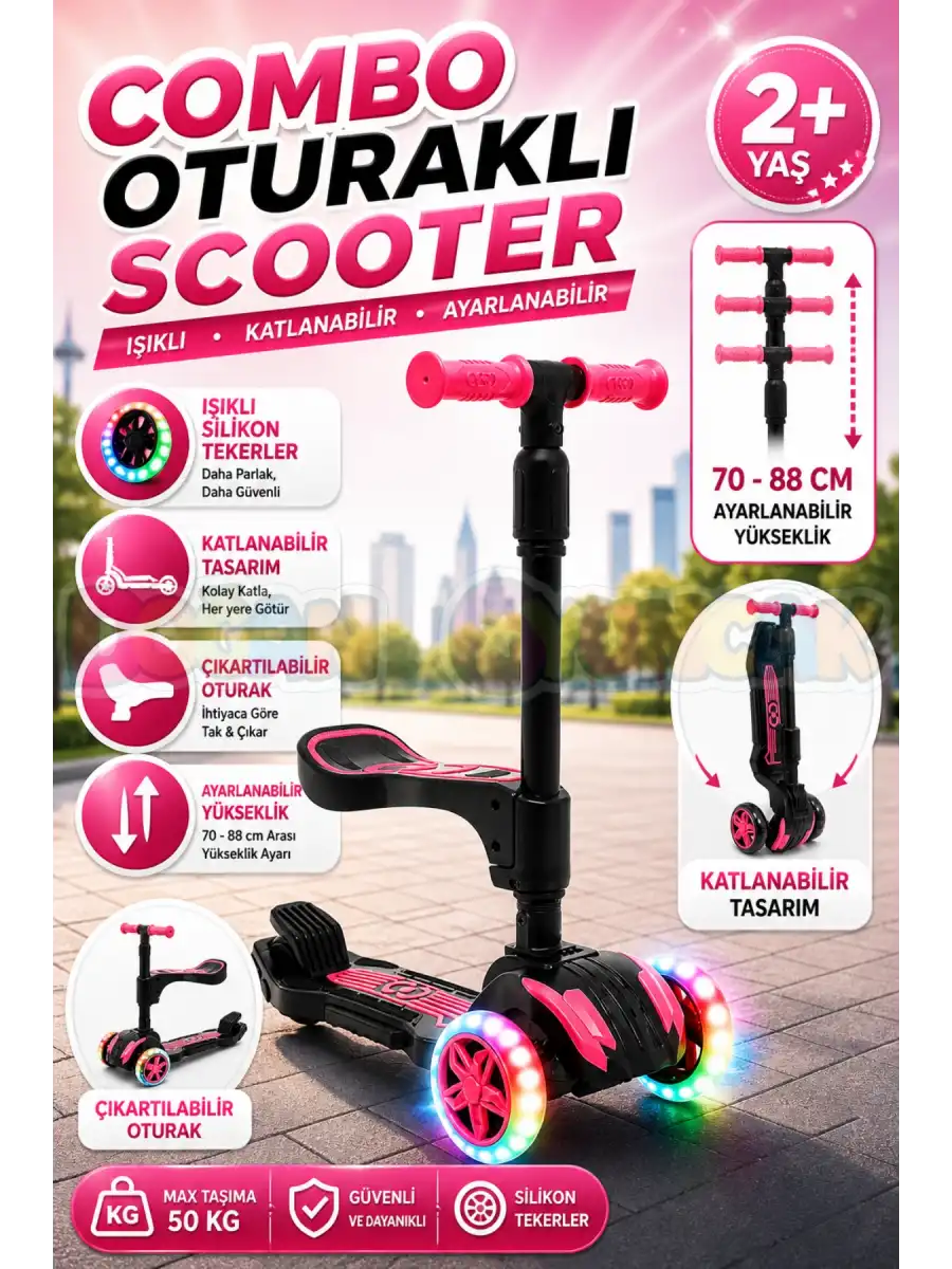 Cool Wheels Oturaklı Pembe Combo Işıklı 3 Tekerlekli Katlanabilir Scooter - CoolWheels Scooter - Çocuk Scooter