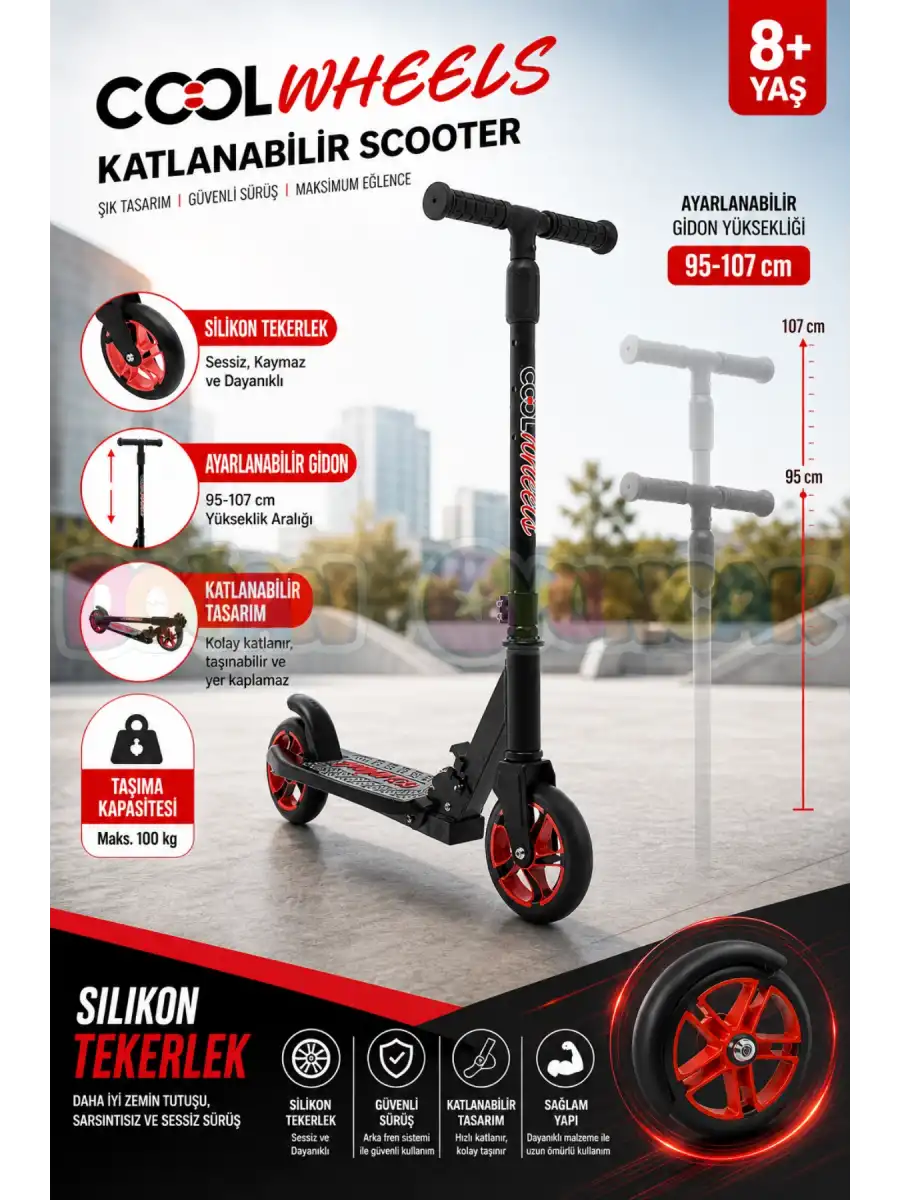 Cool Wheels 8+ Yaş Kırmızı 2 Tekerlekli Katlanabilir Scooter - CoolWheels Scooter - Çocuk Scooter