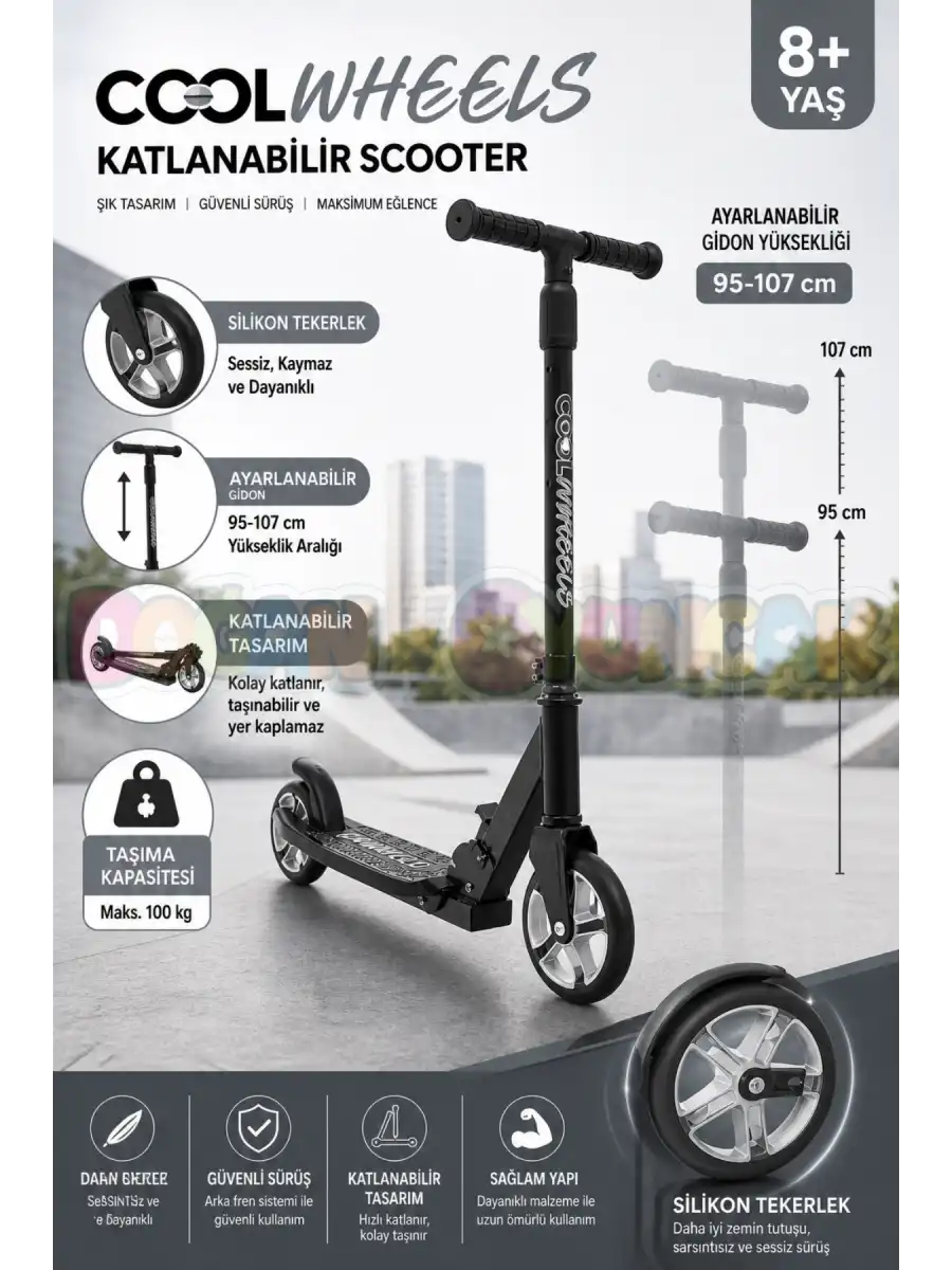 Cool Wheels 8+ Yaş Gri 2 Tekerlekli Katlanabilir Scooter - CoolWheels Scooter - Çocuk Scooter