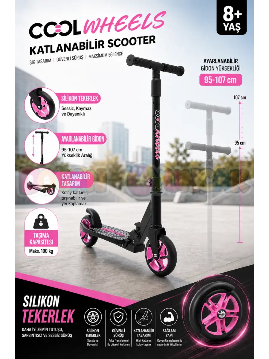Cool Wheels 8+ Yaş Pembe 2 Tekerlekli Katlanabilir Scooter - CoolWheels Scooter - Çocuk Scooter