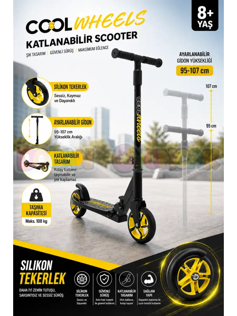 Cool Wheels 8+ Yaş Sarı 2 Tekerlekli Katlanabilir Scooter - CoolWheels Scooter - Çocuk Scooter