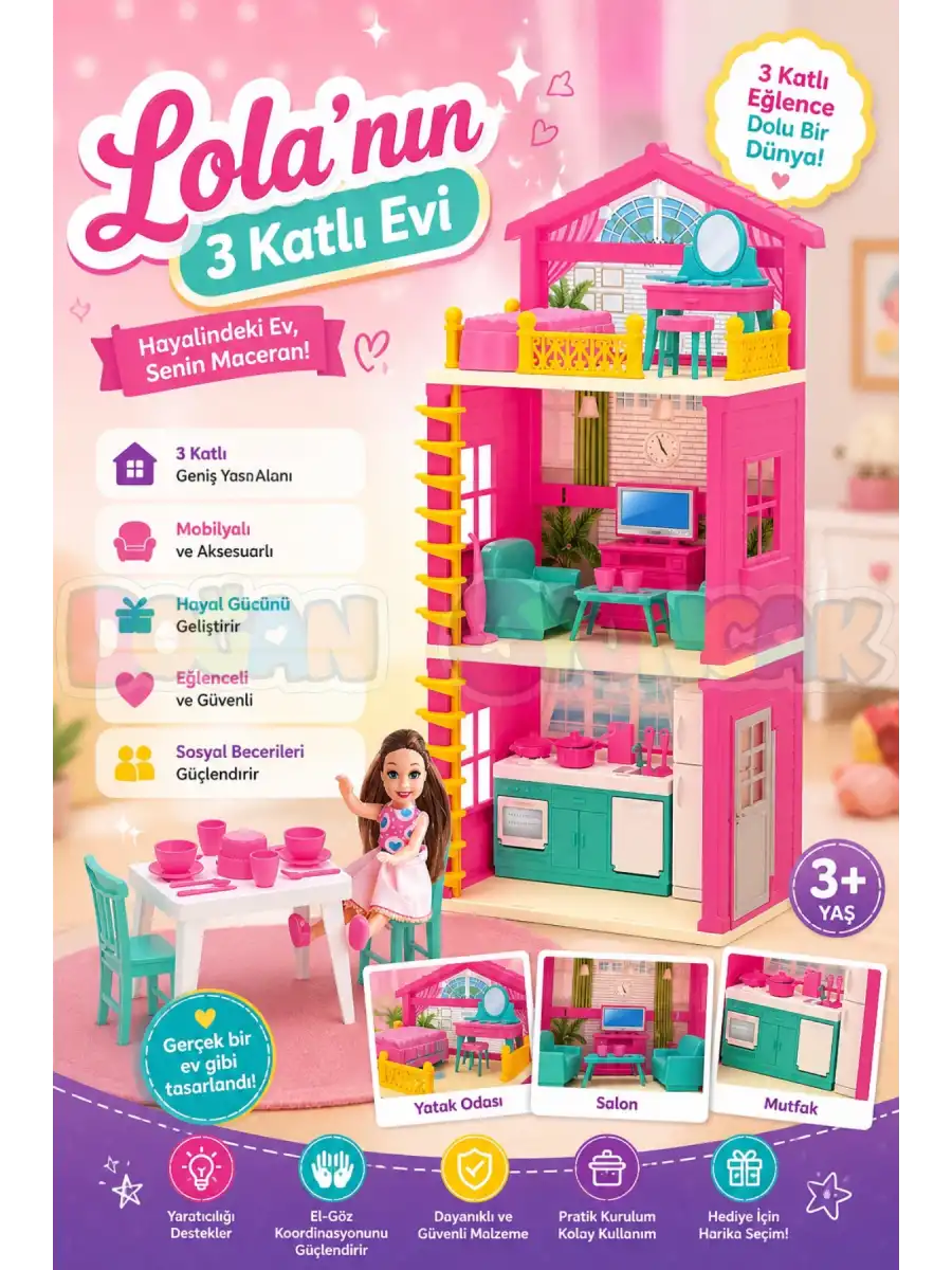 Lolanın 3 Katlı Evi - Ev Oyuncak - Lolanın 3 Katlı Ev Seti - Barbie Ev Seti