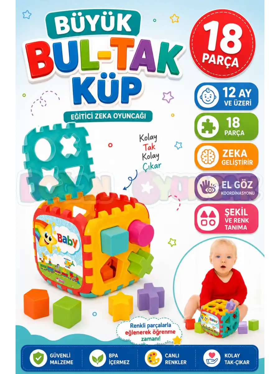 Büyük Bul-Tak Küp - Bultak Lego - Bebek Oyuncağı - Şekil Takmaca