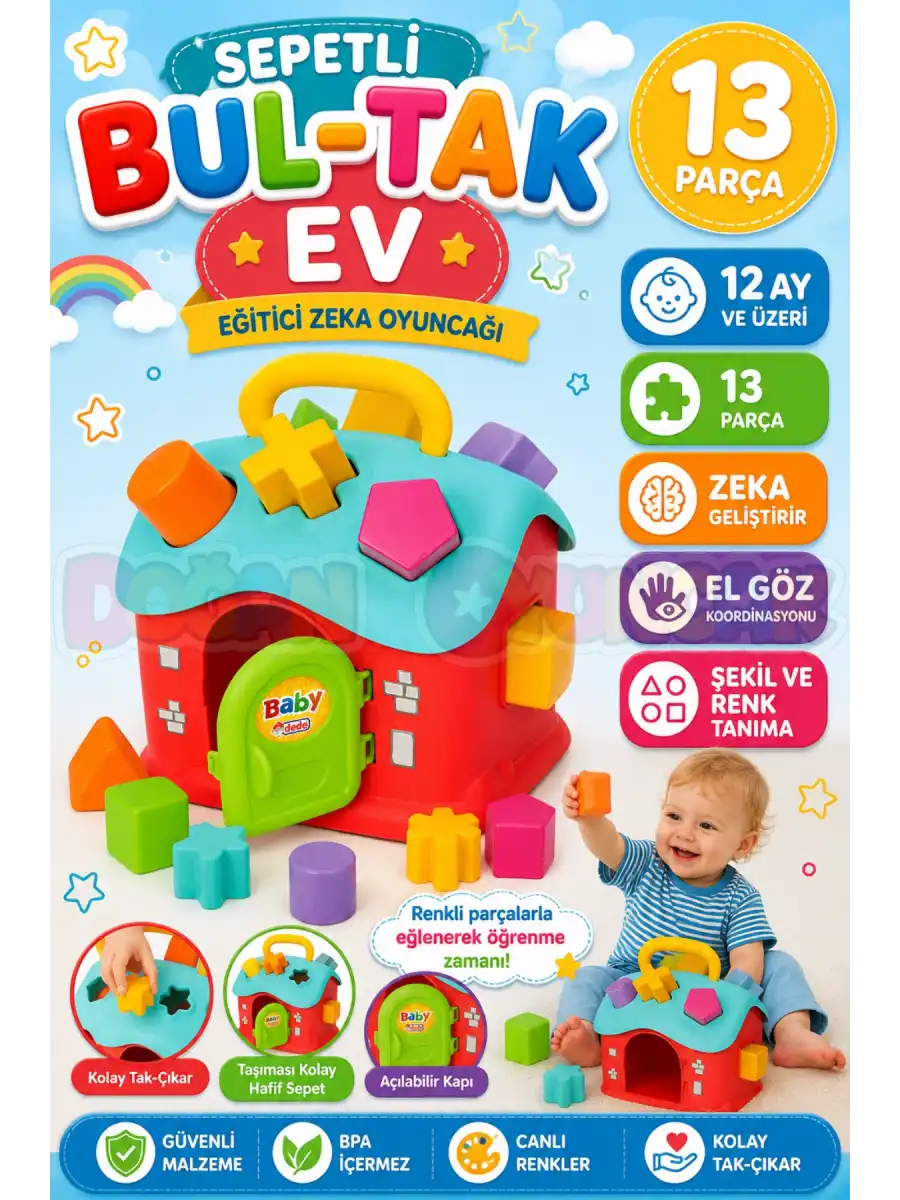 Sepetli Bul-Tak Ev - Bultak Lego - Bebek Oyuncağı - Şekil Takmaca - Blok Yerleştirme Oyunu Eğitici Oyuncak