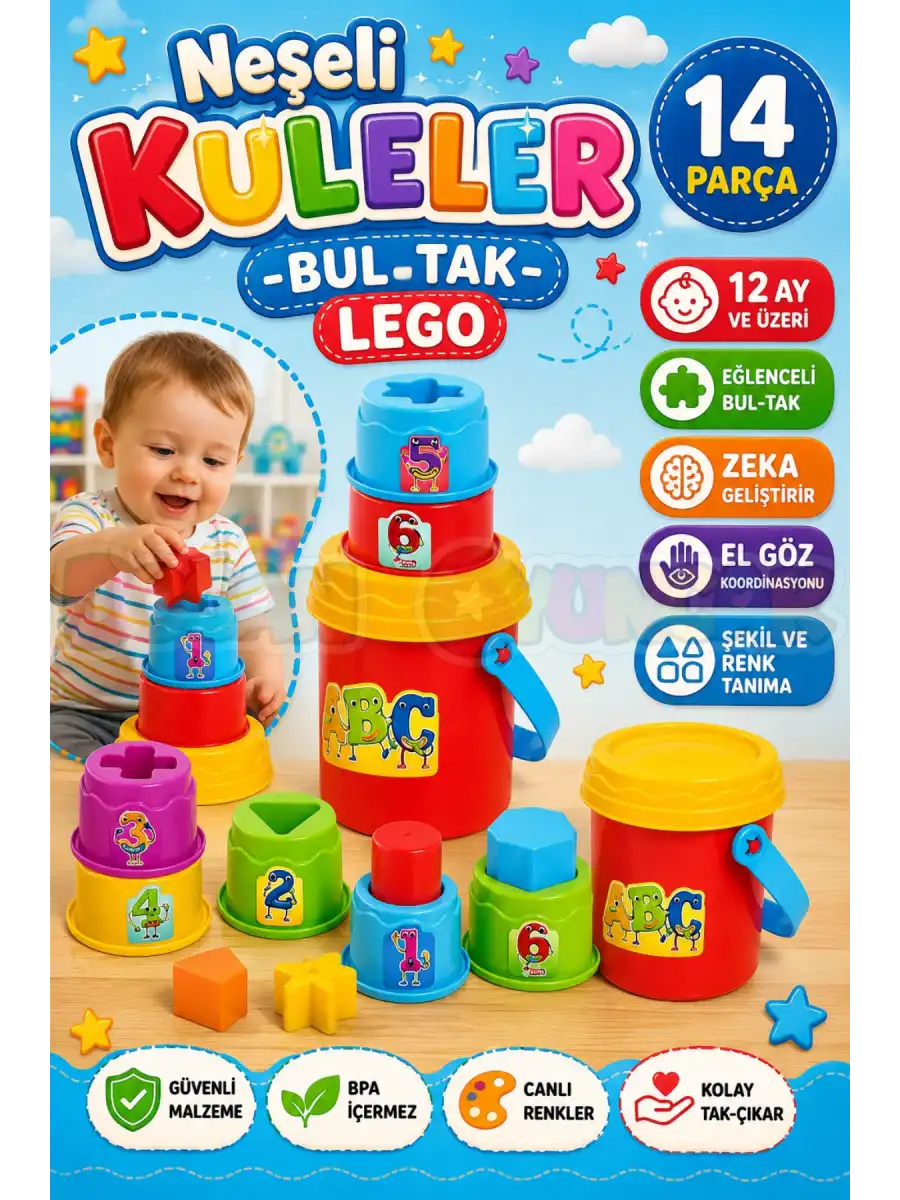 Neşeli Kuleler - Bultak Lego - Bebek Oyuncağı - Şekil Takmaca - Kule Oyunu
