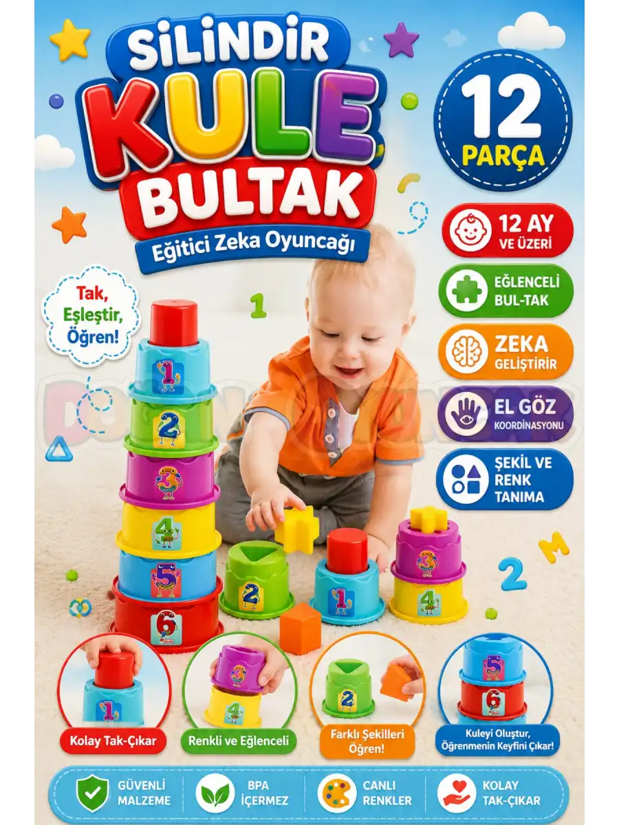 Silindir Kule Bultak - Bultak Lego - Bebek Oyuncağı - Şekil Takmaca - Kule Oyunu