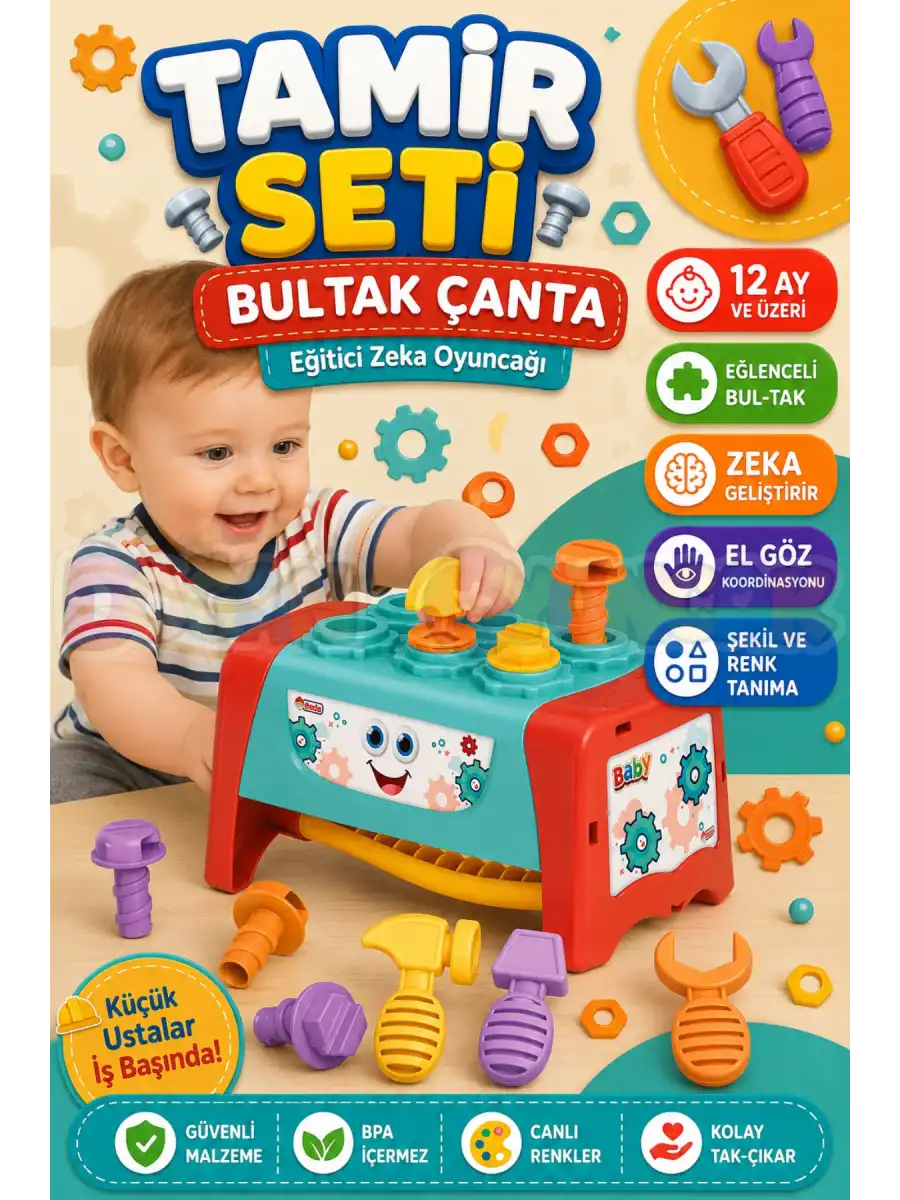 Tamir Seti Bultak Çanta - Tak-Çak Oyuncak - Bebek Oyuncağı - Çekiç Tamir Seti