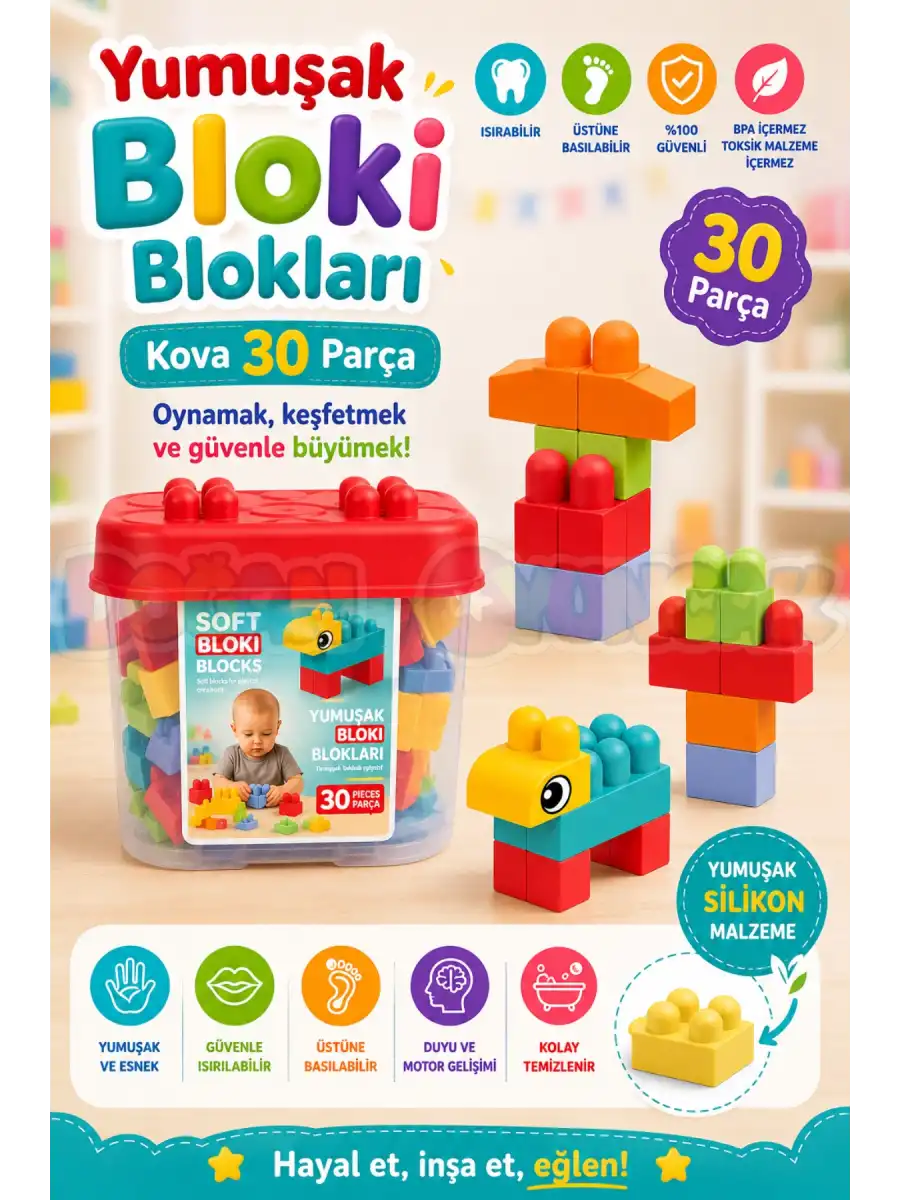 Yumuşak Bloki Blokları Kova 30 Parça - Büyük Yumuşak Bloklar - Büyük Soft Lego Oyuncakları