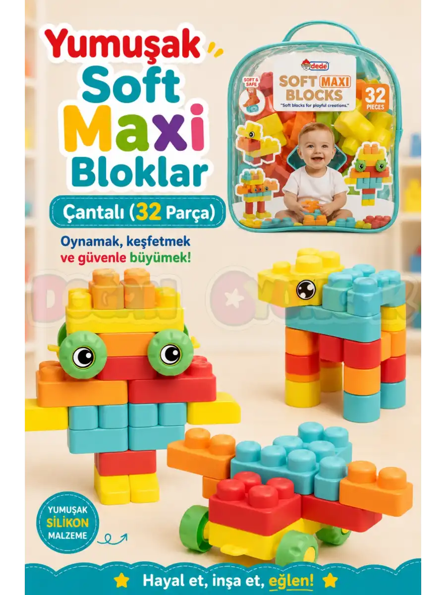 Yumuşak Soft Maxi Bloklar Çantalı (32 Parça) - Soft Yumuşak Bloklar - Büyük Soft Lego Oyuncakları - Yumuşak Lego - Soft Lego