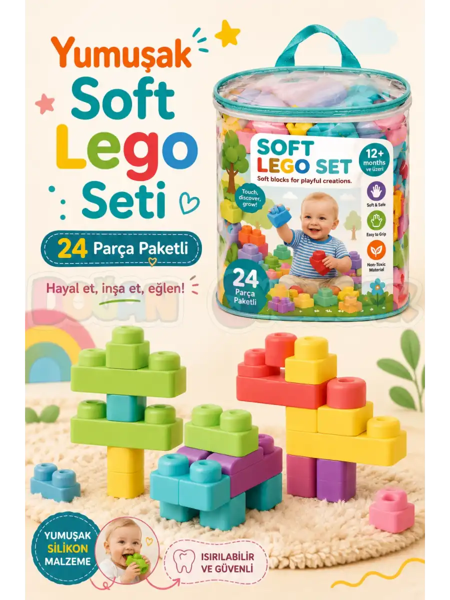 Yumuşak Soft Lego Seti 24 Parça Paketli - Büyük Yumuşak Bloklar - Büyük Soft Lego Oyuncakları - Yumuşak Lego - Soft Lego