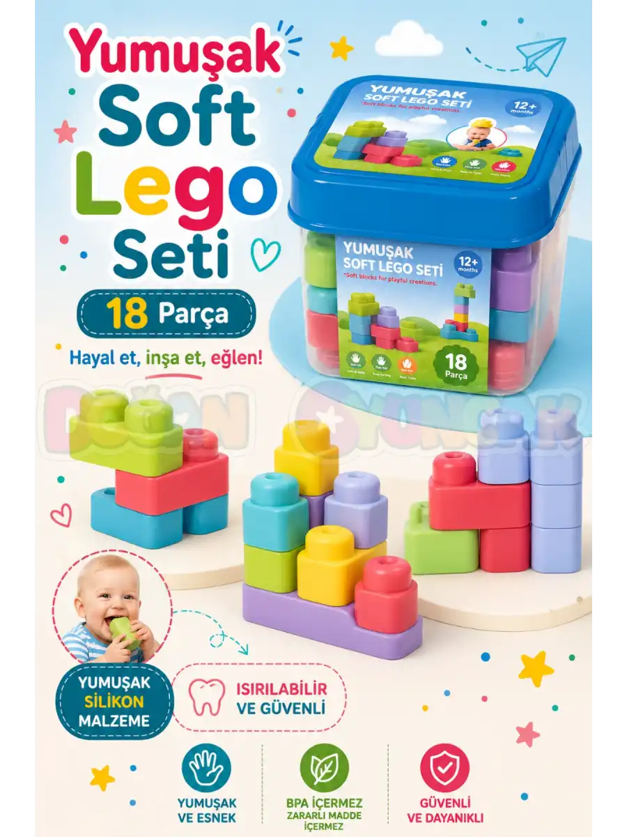 Yumuşak Soft Lego Seti 18 Parça - Büyük Yumuşak Bloklar - Büyük Soft Lego Oyuncakları - Yumuşak Lego - Soft Lego