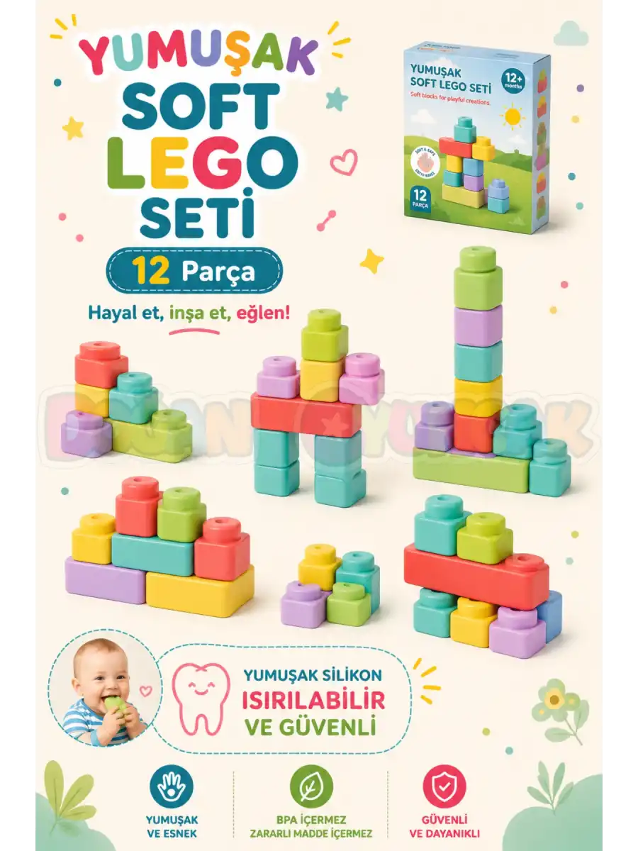 Yumuşak Soft Lego Seti 12 Parça - Büyük Yumuşak Bloklar - Büyük Soft Lego Oyuncakları - Yumuşak Lego - Soft Lego