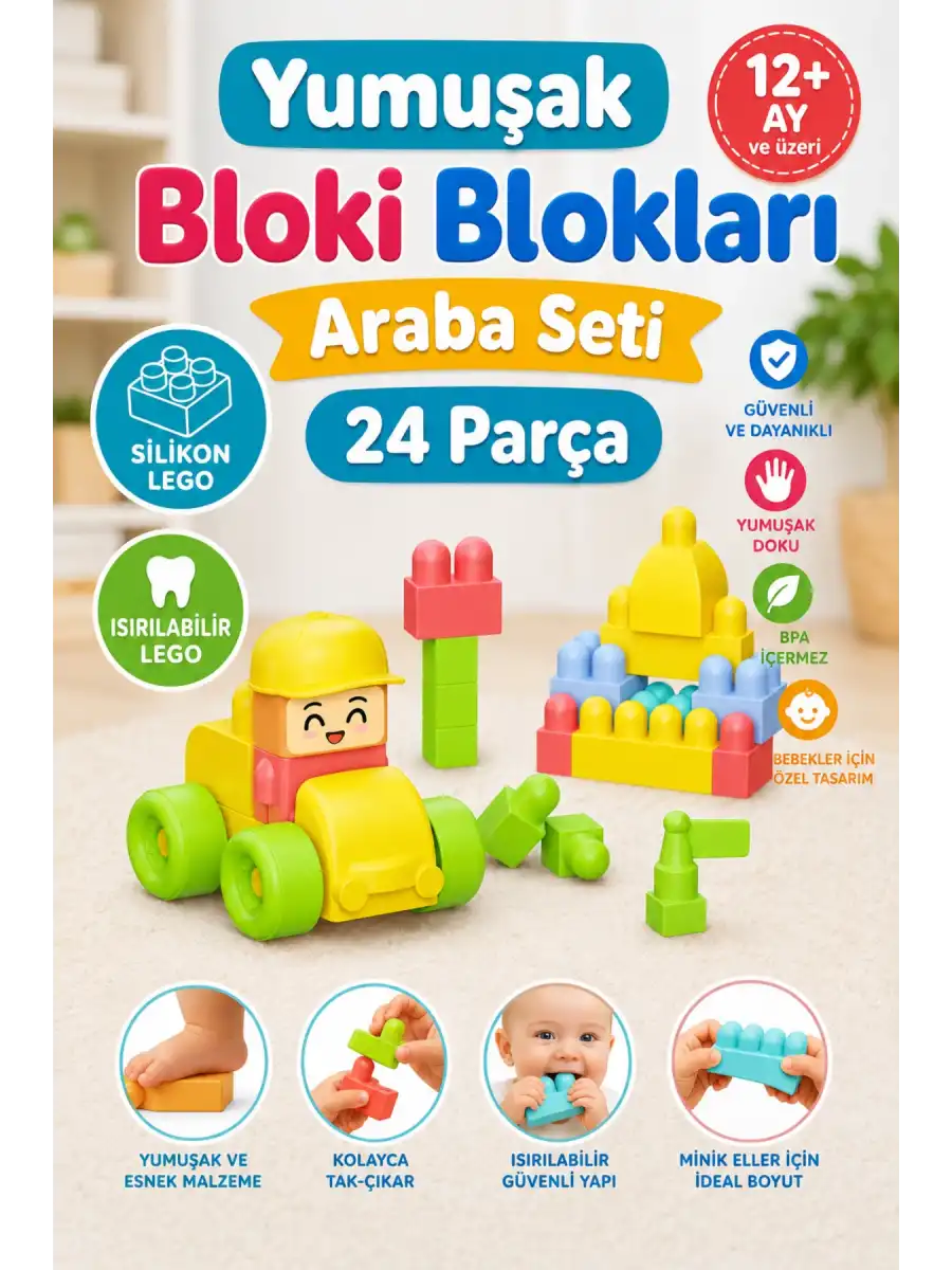 Yumuşak Bloki Blokları Araba Seti 24 Parça - Büyük Yumuşak Bloklar - Büyük Soft Lego Oyuncakları