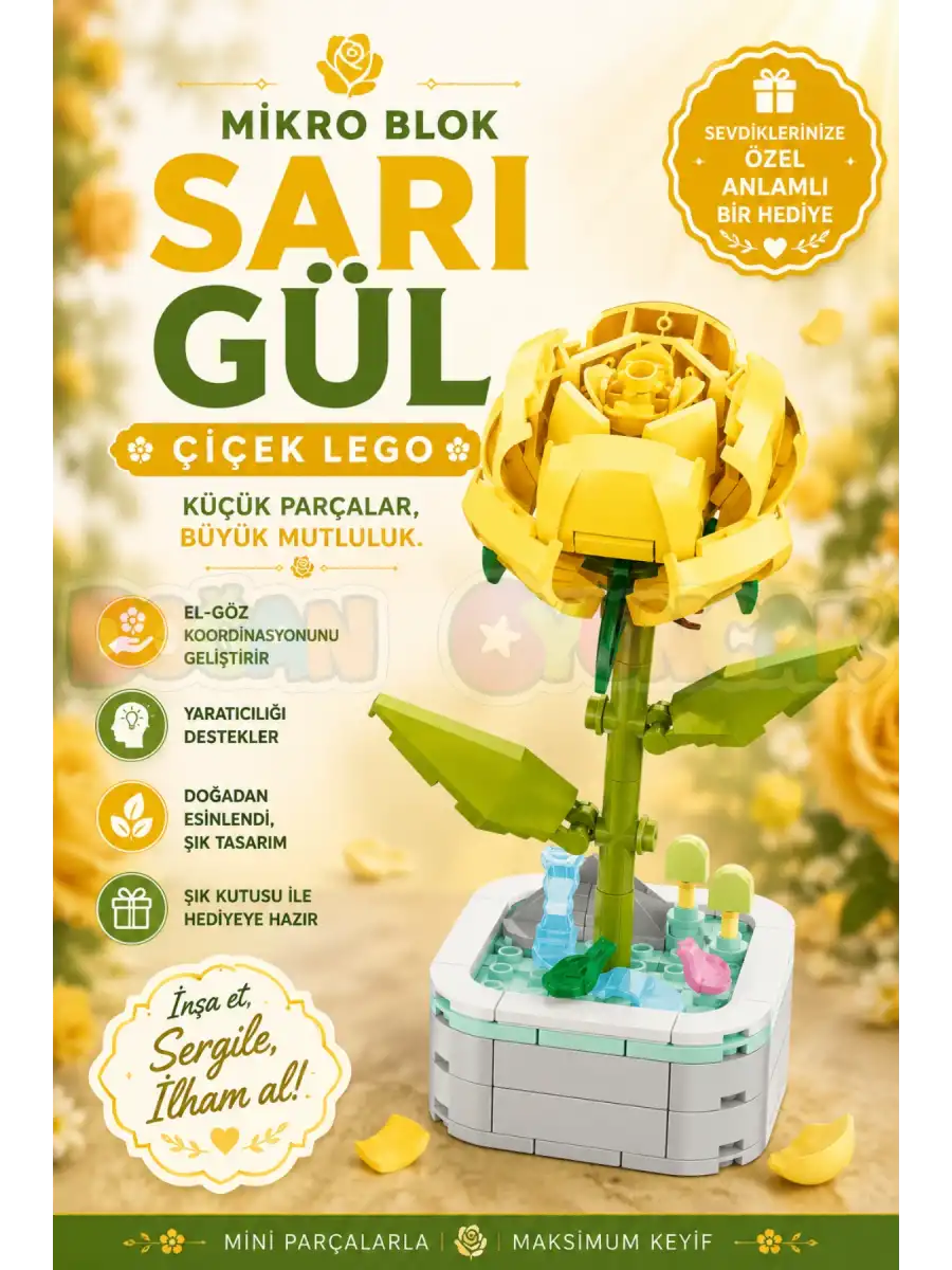 Mikro Blok Sarı Gül Çiçek Lego - Lego Setleri Mini Lego - Çiçek Lego - Blossom Çiçek Lego