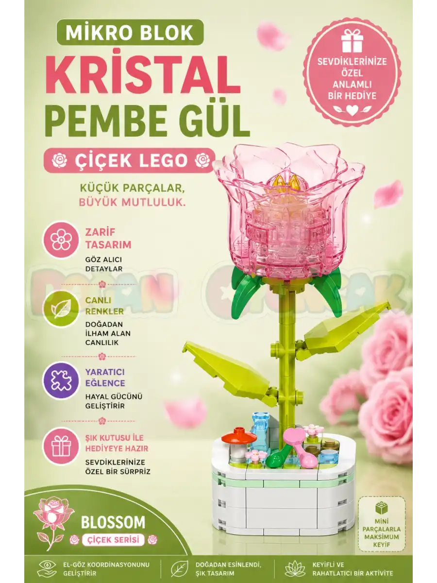 Mikro Blok Kristal Pembe Gül Çiçek Lego - Lego Setleri Mini Lego - Çiçek Lego - Blossom Çiçek Lego