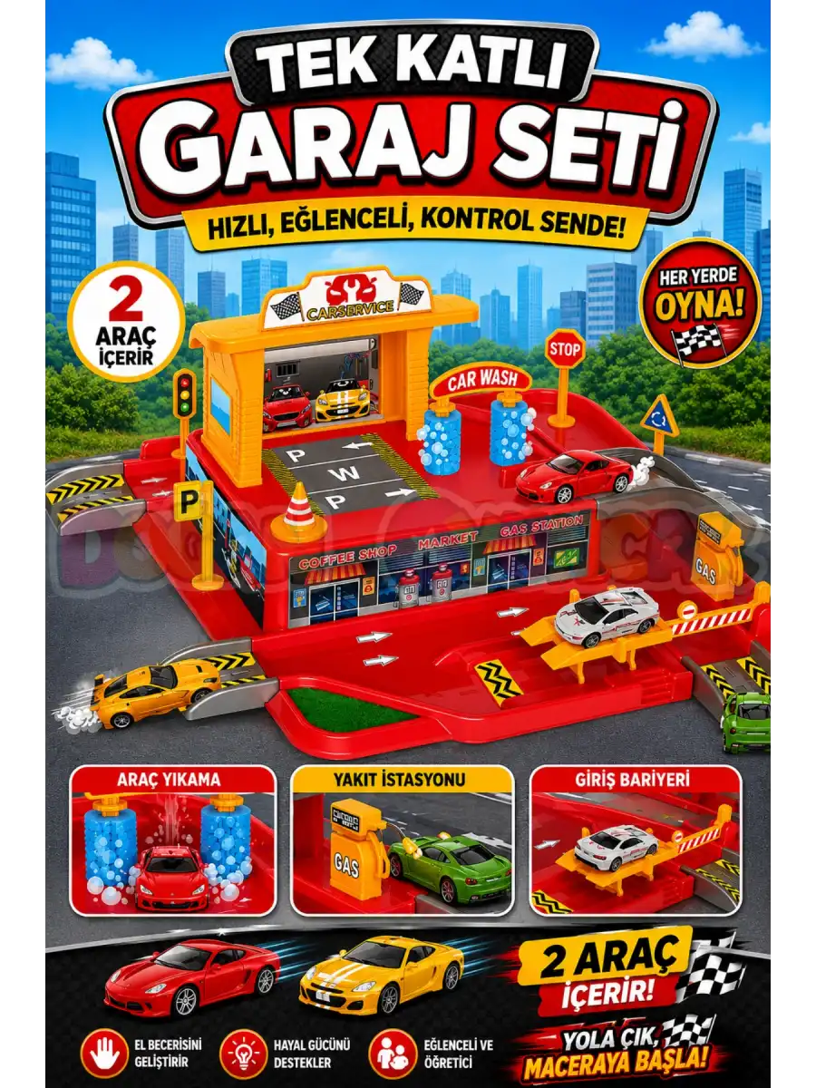 Tek Katlı Garaj Seti - Otopark Seti - Araba Seti - Araç Seti - Araba Oyunu - Tek Garaj