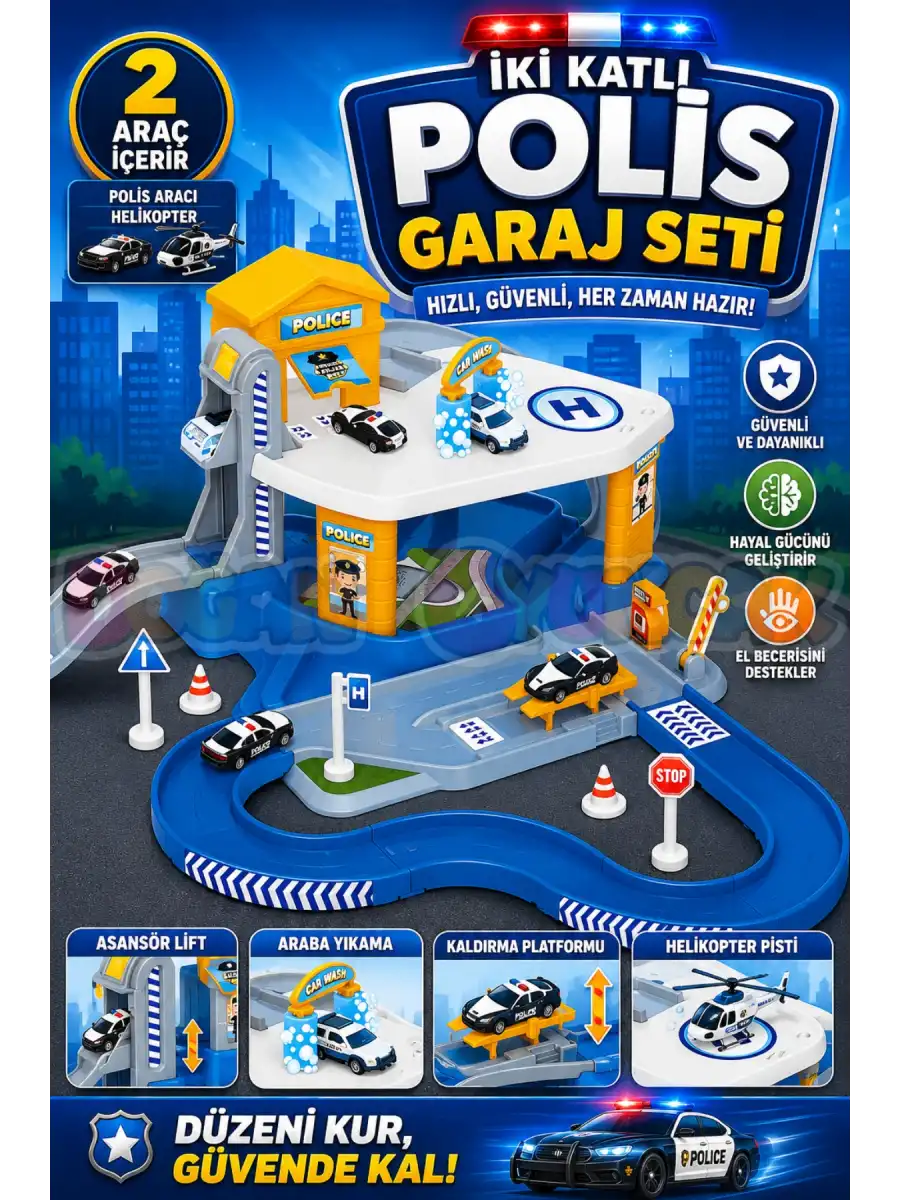 İki Katlı Polis Garaj Seti - Otopark Seti - Araba Seti - Araç Seti - Araba Oyunu - İki Katlı Garaj