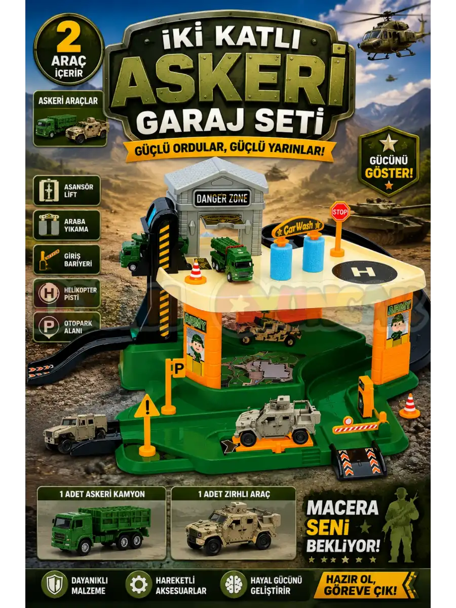 İki Katlı Askeri Garaj Seti - Otopark Seti - Araba Seti - Askeri Oyuncak - İki Katlı Garaj