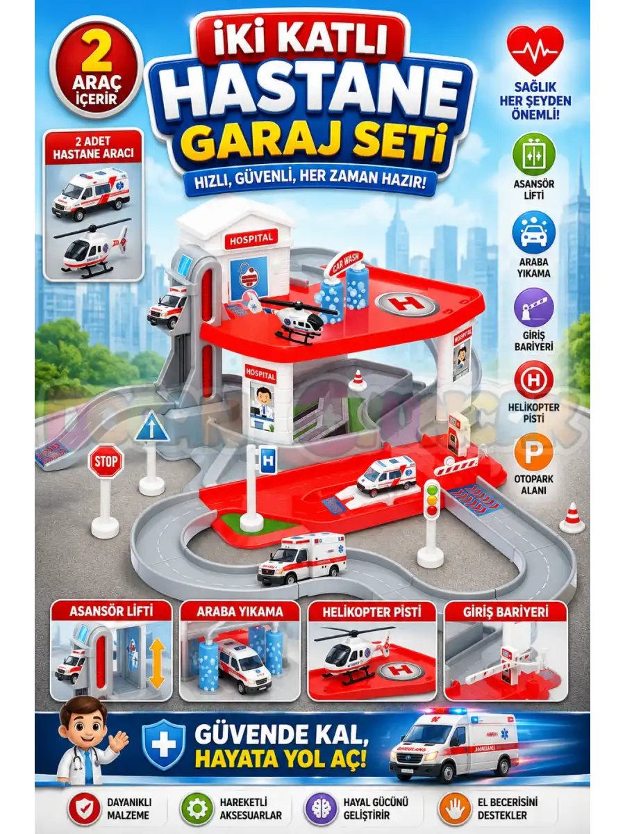 İki Katlı Hastane Garaj Seti - Otopark Seti - Araba Seti - Doktor Oyuncak - İki Katlı Garaj
