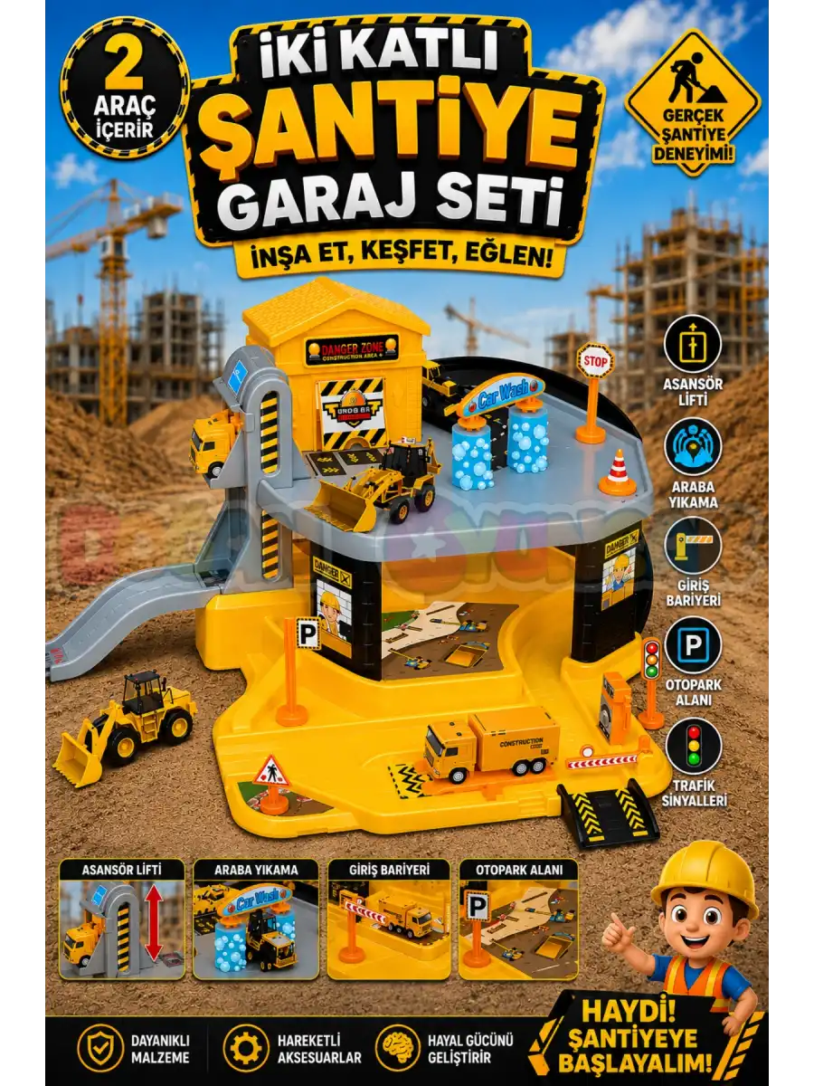 İki Katlı Şantiye Garaj Seti - Otopark Seti - Araba Seti - İnşaat Oyuncak - İki Katlı Garaj