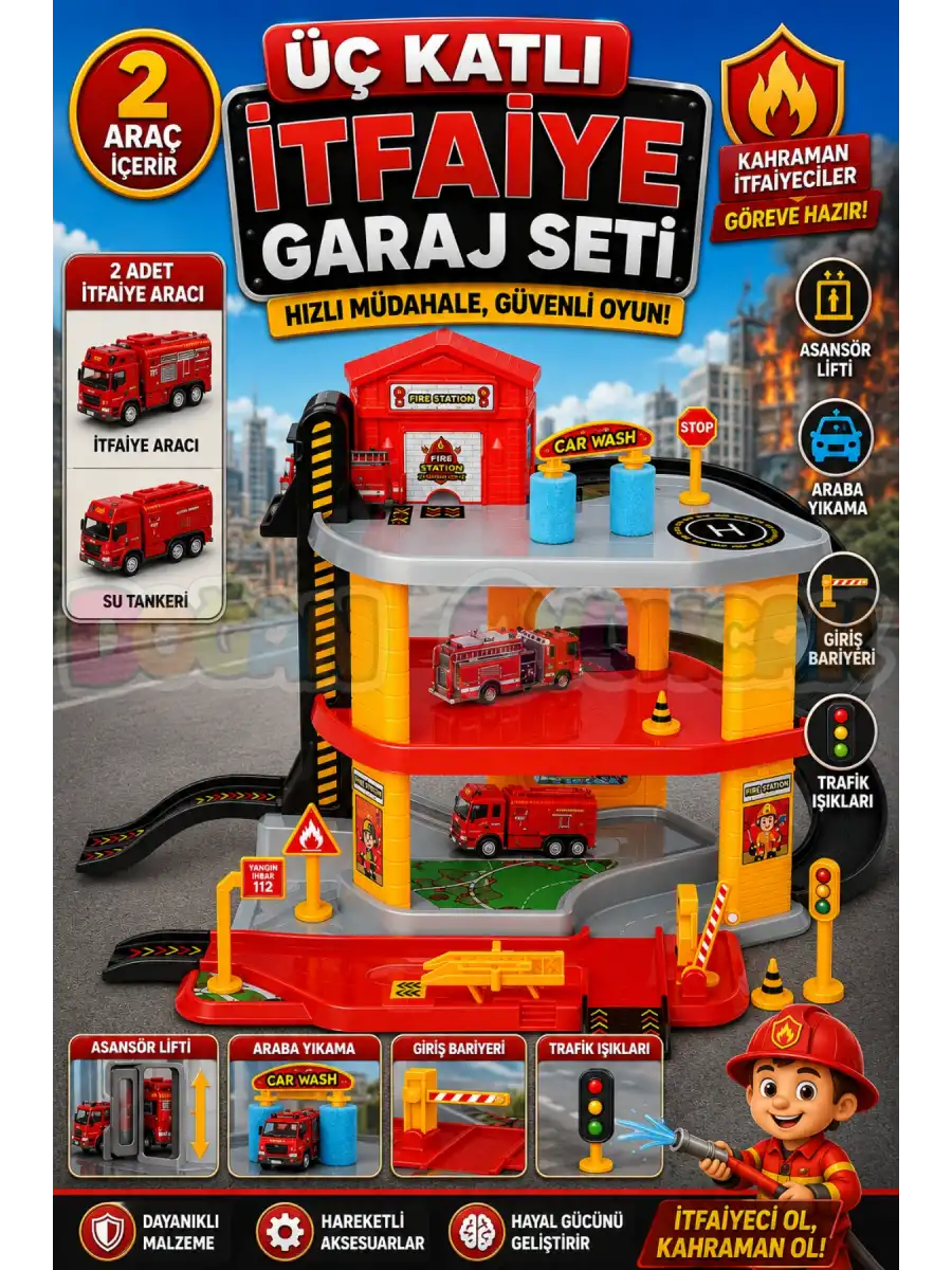 Üç Katlı İtfaiye Garaj Seti - Otopark Seti - Araba Seti - İtfaye Oyuncak - Üç Katlı Garaj