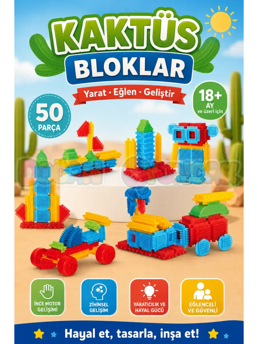 Kaktüs Bloklar (50 Parça) - Kaktüs Oyuncak - Lego Seti - Kaktüs Lego - Taraklı Lego Eğitici Lego Seti