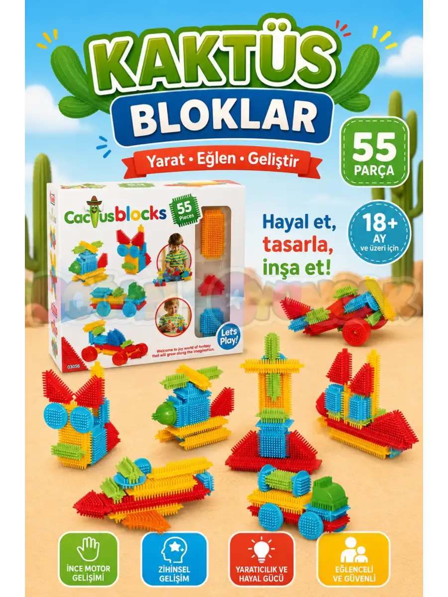 Kaktüs Bloklar (55 Parça) - Kaktüs Oyuncak - Lego Seti - Kaktüs Lego - Taraklı Lego