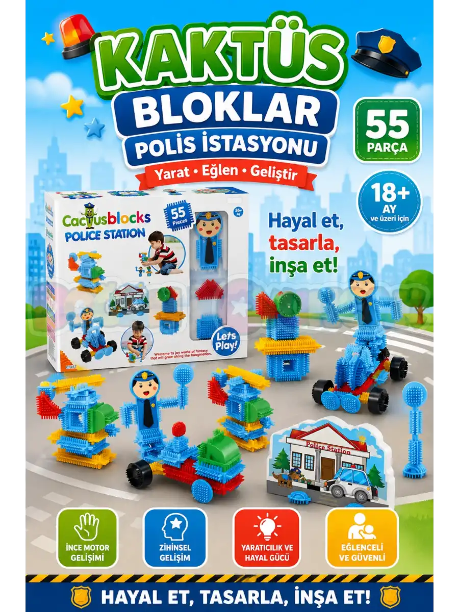 Polis Kaktüs Bloklar (55 Parça) - Kaktüs Oyuncak - Lego Seti - Kaktüs Lego - Taraklı Lego