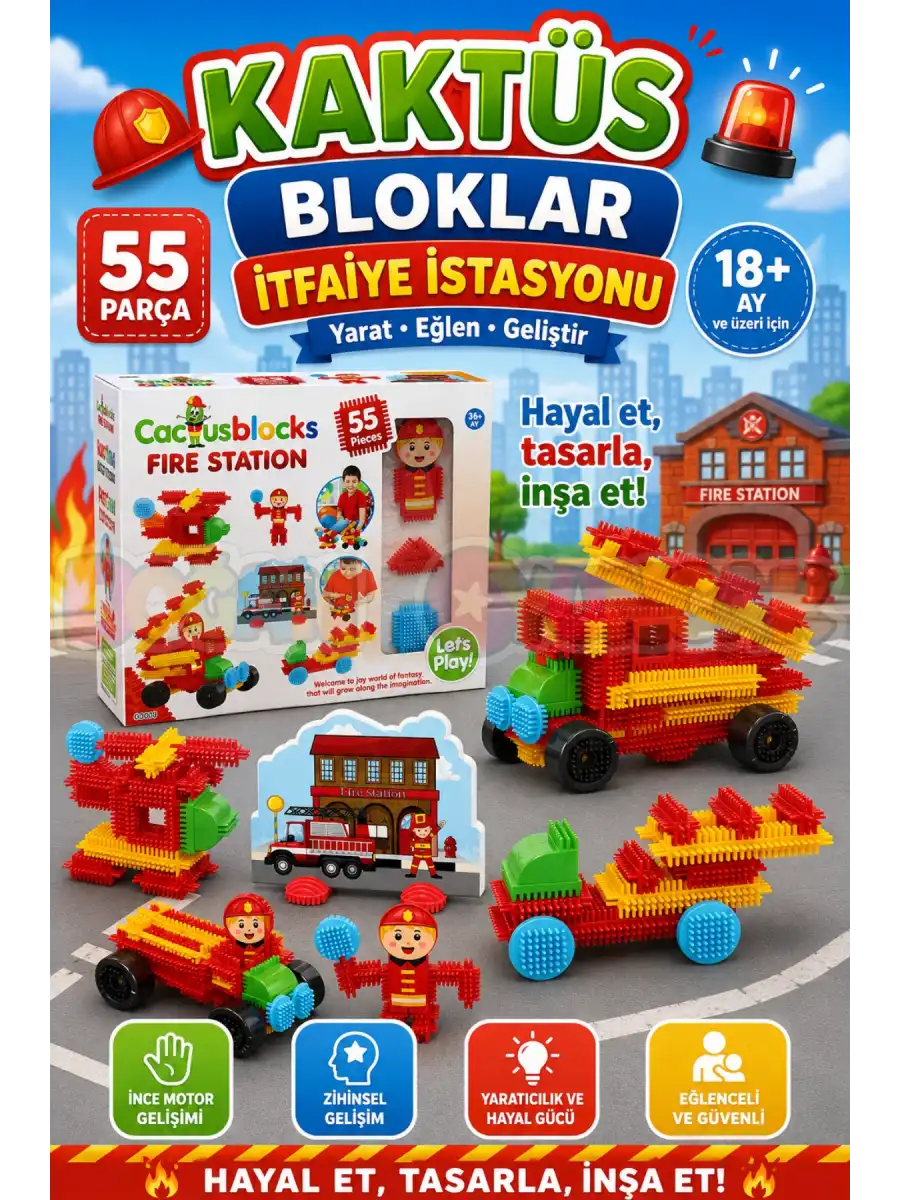 İtfaiye Kaktüs Bloklar (55 Parça) - Kaktüs Oyuncak - Lego Seti - Kaktüs Lego - Taraklı Lego