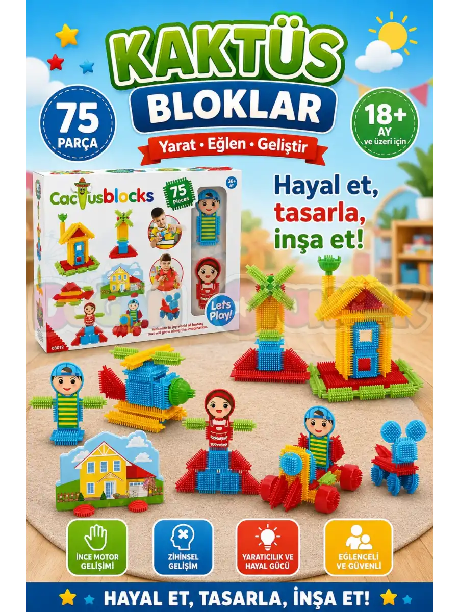 Kaktüs Bloklar (75 Parça) - Kaktüs Oyuncak - Lego Seti - Kaktüs Lego - Taraklı Lego