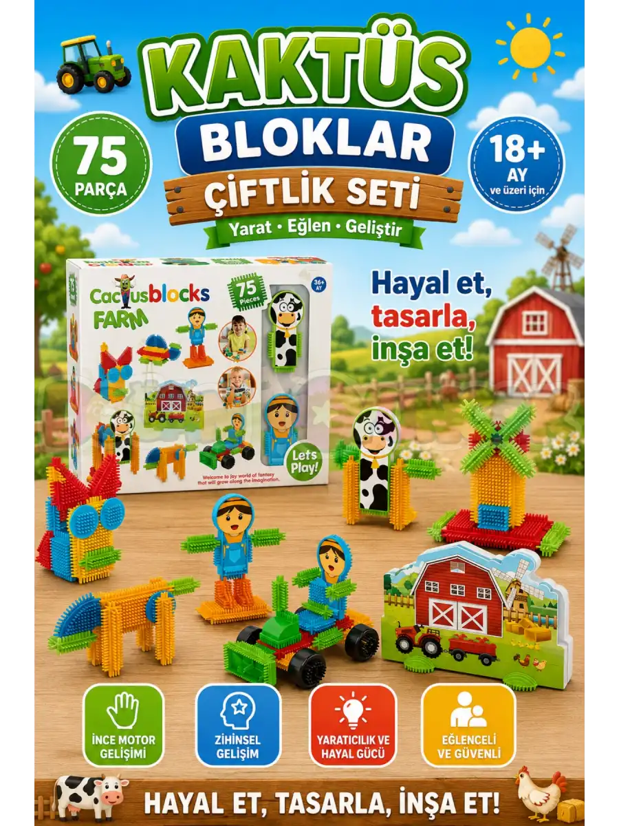 Çiftlik Kaktüs Bloklar (75 Parça) - Kaktüs Oyuncak - Lego Seti - Kaktüs Lego - Taraklı Lego