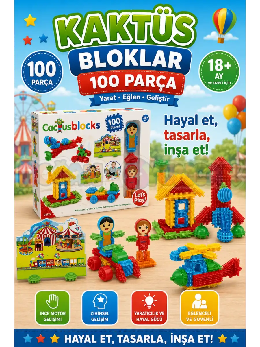 Kaktüs Bloklar (100 Parça) - Kaktüs Oyuncak - Lego Seti - Kaktüs Lego - Taraklı Lego