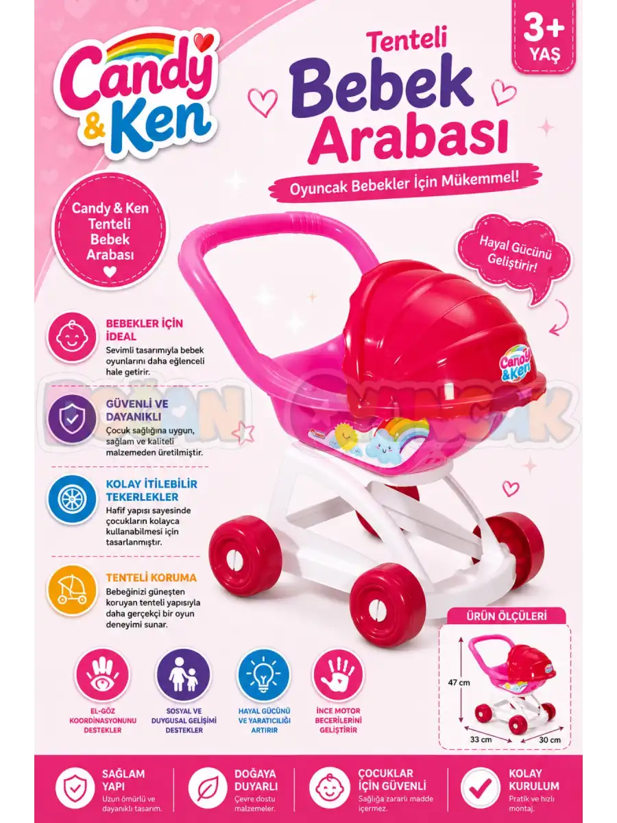 Candy & Ken Tenteli Bebek Arabası - Ev Eşyaları Seti - Ev Oyuncakları Seti - Puset Araba