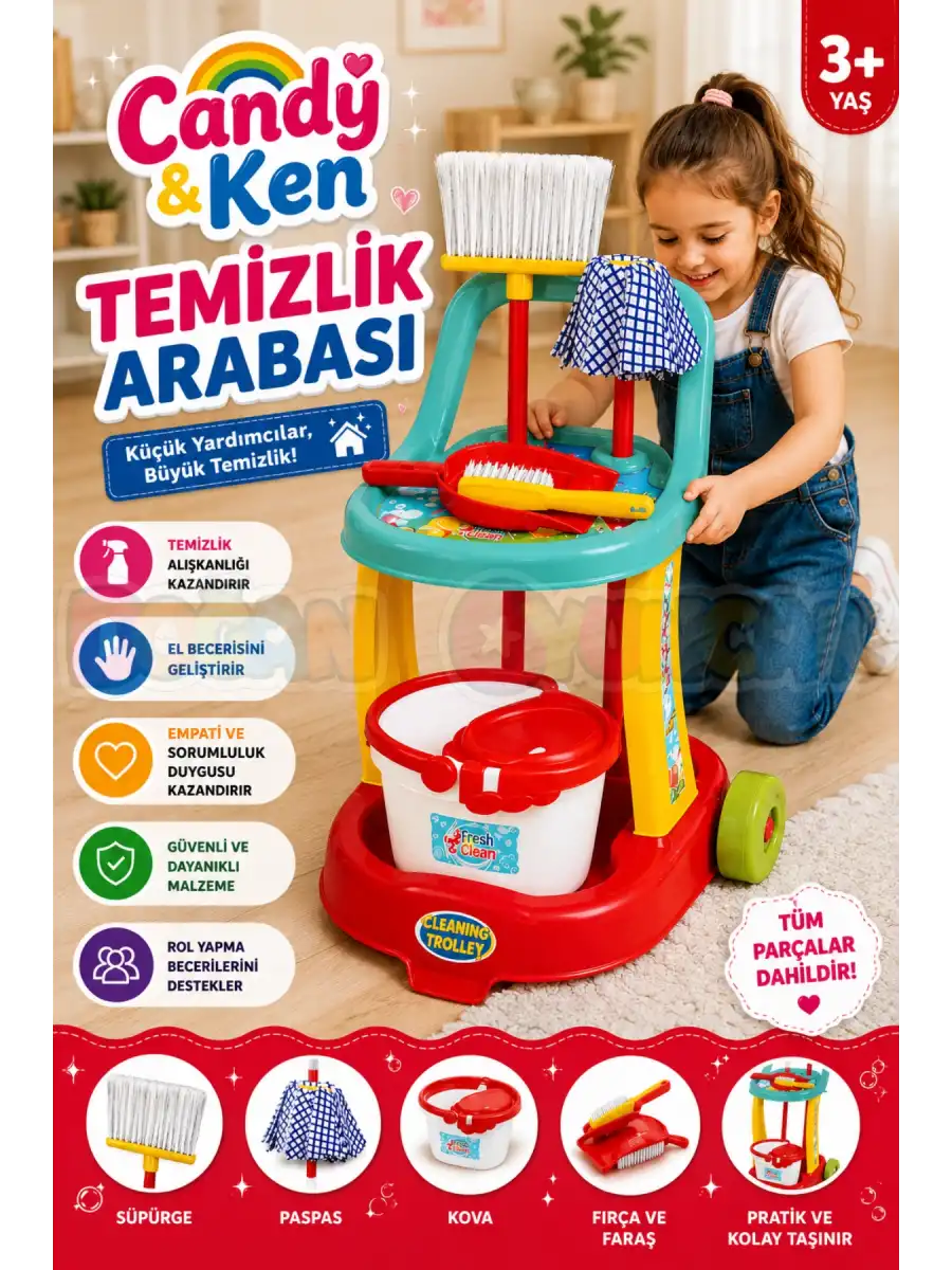 Candy & Ken Temizlik Arabası - Ev Eşyaları Seti - Ev Oyuncakları Seti - Vileda Seti