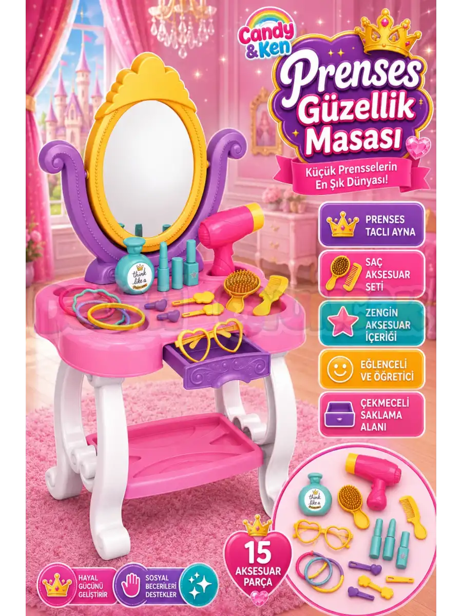 Candy & Ken Prenses Güzellik Masası - Güzellik Setleri - Kuaför Oyuncak Seti - Makyaj Seti